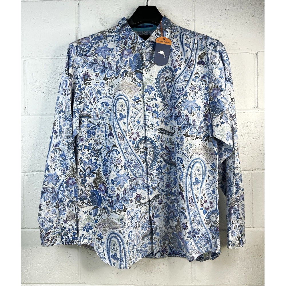 Tommy Bahama Men's L Blue White Paisley Linen Cotton Button-Front Shirt
